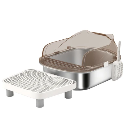 PawHut Stainless Steel Cat Litter Box with High Sided Enclosure, Step, Scoop, Non-Sticky & Anti-Urine Leakage, Easy Cleaning