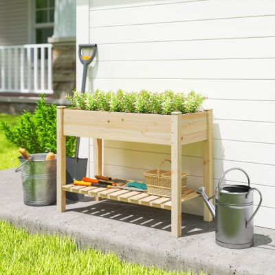 Outsunny Elevated Planter Box with Legs and Storage Shelf, Raised Garden Bed, Elevated Wooden Planter Box, Natural