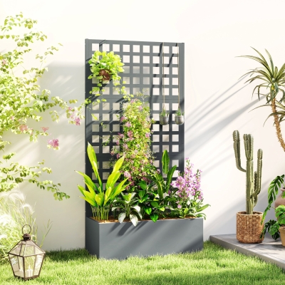 Outsunny Galvanized Raised Garden Bed Planter Box with Trellis for Climbing Plant, Vegetable, Vine, 35"x16"x70" Grey Wood Effect