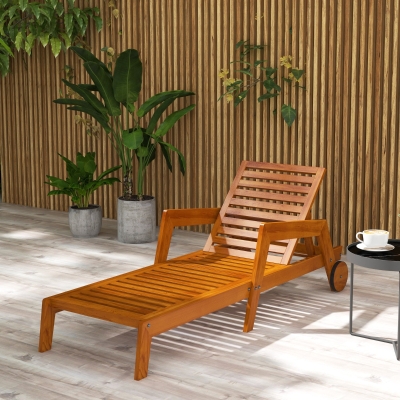Outsunny Wood Lounge Chair Outdoor Tanning Chair with Wheels, 3-Position Adjustable Backrest and Armrests, Orange