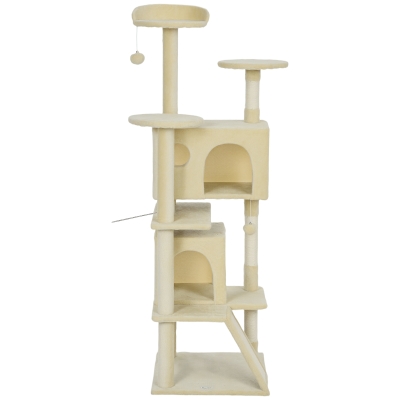 PawHut 63" Cat Tree, Multi-Level Cat Tower with Scratching Posts, Cat Condos, Bed, Platforms, Ramp, Toy Ball, Cream White