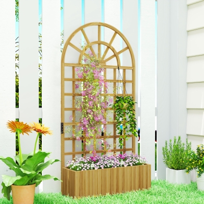 Outsunny Wooden Raised Garden Bed with Lattice Trellis, Outdoor Elevated Planter Box with Drainage Holes for Climbing Plants