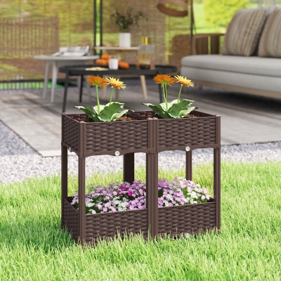 Outsunny Plastic Raised Garden Bed with Legs, Self Watering Elevated Planter Boxes with Drainage Holes and Plugs