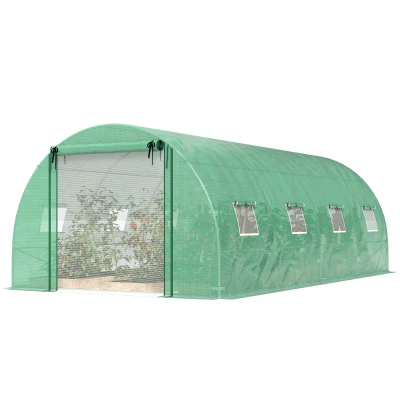 Outsunny Walk-in Tunnel Greenhouse with 2 Support Rods, Mesh Door, Plant Hot House with PE Cover, 20'x10'x7', Green