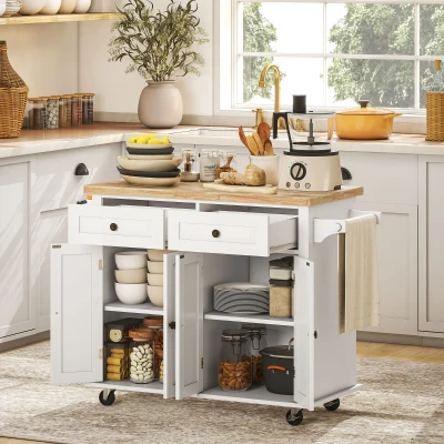 HOMCOM Kitchen Island Cart with Rubberwood Top & Storage, White
