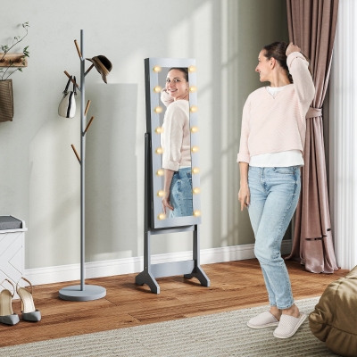 HOMCOM Free Standing Armoire Organizer, Lighted Mirrored Jewelry Cabinet w/ Angle Adjustable & 16 LED Lights, Grey