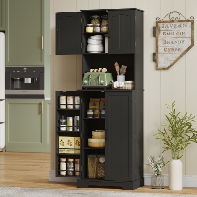 HOMCOM 71.5" Tall Pantry Cabinet, Farmhouse Kitchen Storage Cabinet with Adjustable Shelves, 8 Door Spice Racks, Black
