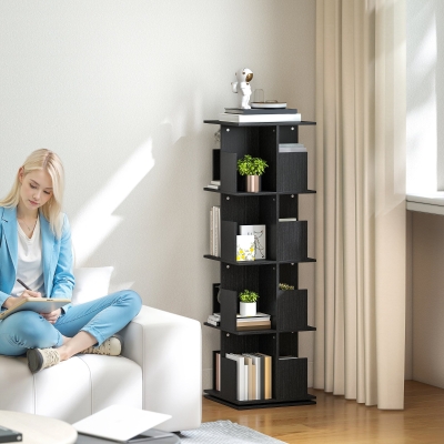 HOMCOM 360° Rotating Bookcase with Anti-Tipping Straps, Anti-Slip Foot Pads, 4 Tier Bookshelf with 16 Cubbies for Books, Plants, Decorations, Black