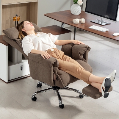 HOMCOM Desk Chair, Computer Office Chair with Footrest, Adjustable Height  and Headrest, 3-Level Reclining Backrest, Light Brown