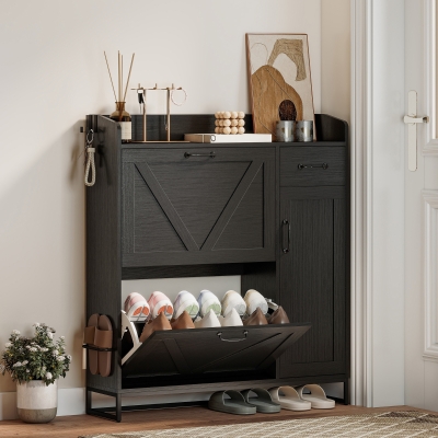 HOMCOM Farmhouse Shoe Storage Cabinet with Side Cabinet and Adjustable Shelves for Entryway, Hallway, Holds 12 Pairs, Black