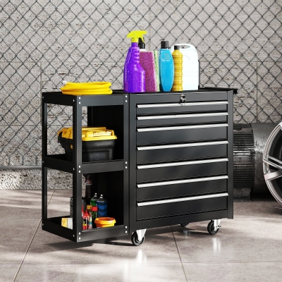HOMCOM 7-Drawer Rolling Tool Chest with Detachable Side Shelf, Lockable Tool Cabinet Box Organizer with Wheels, Black