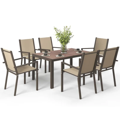 Outsunny 7 Piece Outdoor Dining Set with Rectangular Table and 6 Stackable Chairs, for Backyard, Lawn, Deck, Balcony, Pool Side