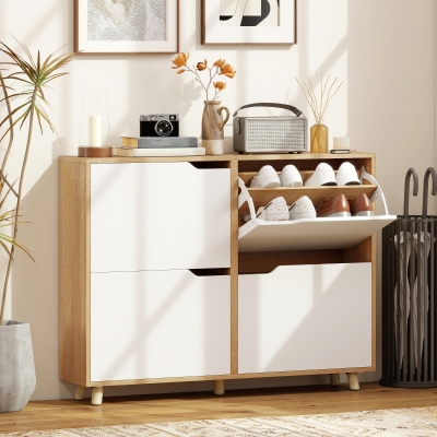 HOMCOM Narrow Shoe Cabinet, Shoe Storage Cabinet with 4 Flip Drawers and Adjustable Shelves for 16 Pairs of Shoes, Natural