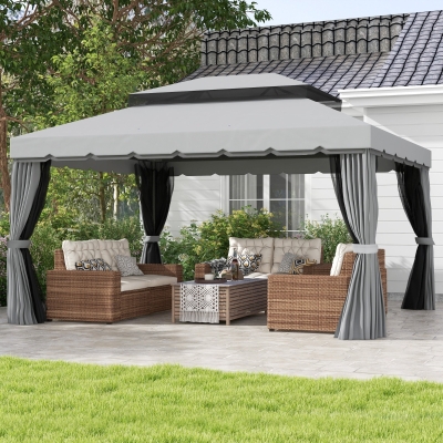 Outsunny 13' x 10' Patio Gazebo Canopy with 2-Tier Polyester Roof, Vented Mesh Sidewall & Strong Aluminum Frame, Light Grey
