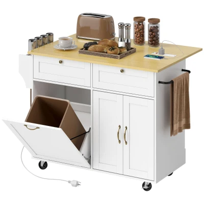 HOMCOM Kitchen Island Cart with Charging Station and Drop Leaf, Kitchen Island Table on Wheels with Trash Can Cabinet, White