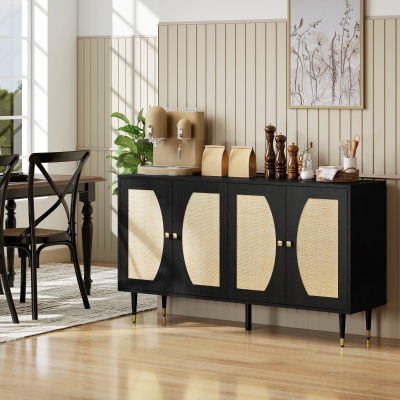 HOMCOM 55" Sideboard Buffet Cabinet, Boho Storage Cabinet with Adjustable Shelves, Soft Close Doors and Rattan Front, Black