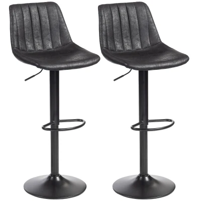 HOMCOM Counter Height Bar Stools Set of 2, Adjustable Height Bar Chairs with Swivel Seat, Leathaire Upholstery, Black