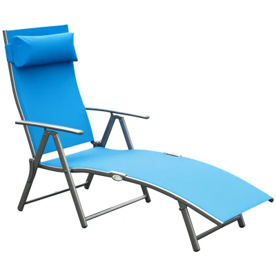 Outsunny Heavy-duty Adjustable Folding Reclining Chair Outdoor Sun Lounger Patio Chaise Lounge Garden Beach Gravity Lounge with Pillow, 7 Adjustable Backrest Positions, Blue