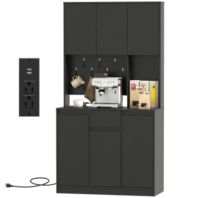 HOMCOM 71" Pantry Cabinet with Charging Station, Kitchen Storage Cabinet with Microwave Stand, Pegboard, 6 S-hooks, Black