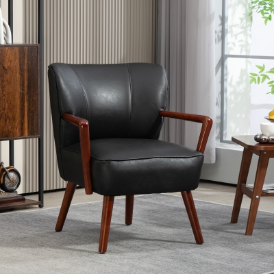 HOMCOM Accent Chair, Modern Armchair, Faux Leather Upholstered Living Room Chair with Wood Legs and Wide Padded Seat, Black