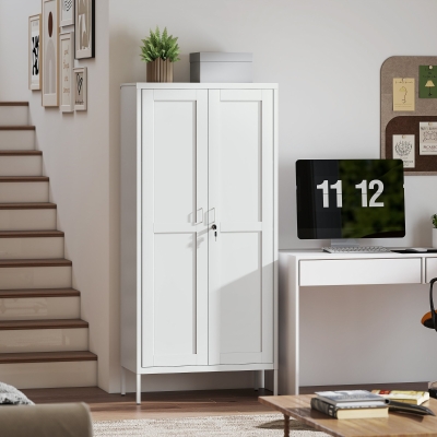 HOMCOM Office Storage Cabinet, Lockable Filing Cabinet with 3 Adjustable Shelves and 2 Doors for Home Office, Garage, White