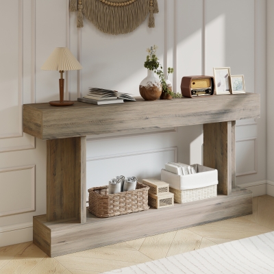 HOMCOM 63 Inch Long Console Table, Vintage Narrow Entryway Table with Storage Shelf for Living Room and Hallway, Light Brown