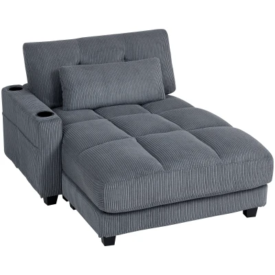 HOMCOM 58" Chaise Lounge Indoor, Oversized Corduroy Sofa Bed with 2 Cup Holders, Pillow, Deep Seat Sleeper Couch, Dark Grey