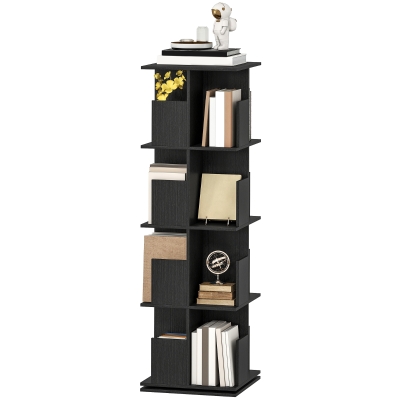 HOMCOM 360° Rotating Bookcase with Anti-Tipping Straps, Anti-Slip Foot Pads, 4 Tier Bookshelf with 16 Cubbies for Books, Plants, Decorations, Black