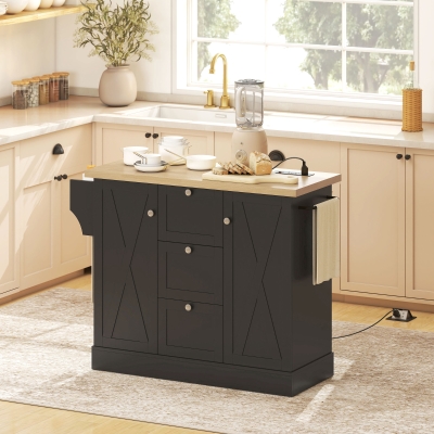 HOMCOM Farmhouse Kitchen Island Cart with Power Outlet and Soft-Close Doors, 49" Kitchen Island with 3 Drawers, Black