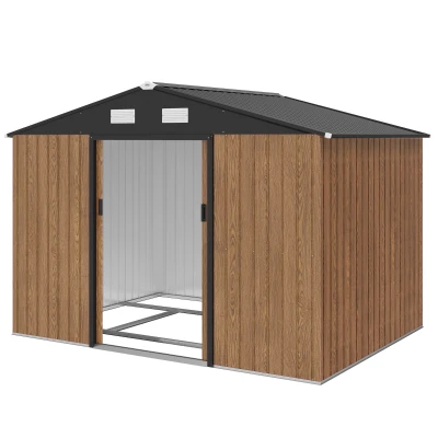 Outsunny 9.1'x6.4'x6.3' Garden Storage Shed, Outdoor Storage Tool House with Vents, Foundation and Lockable Double Doors, Teak