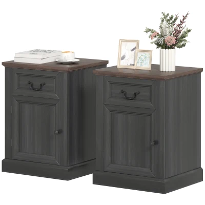 HOMCOM Side Table Set of 2, End Tables with Drawer and Cabinet, Nightstands for Small Spaces, Living Room, Black