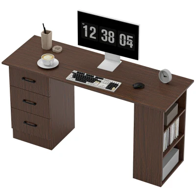 HOMCOM Computer Desk, 55" Writing Table with 3-Tier Shelves and 3 Reversible Drawers for Home Office, Bedroom, Walnut