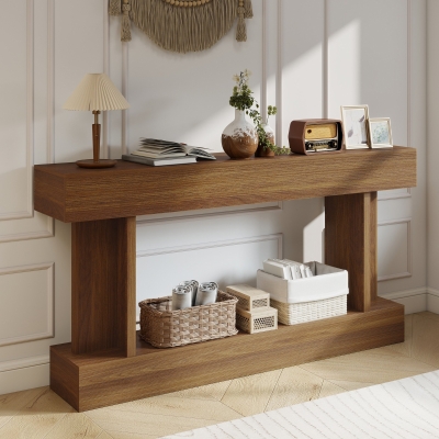 HOMCOM 63 Inch Long Console Table, Vintage Narrow Entryway Table with Storage Shelf for Living Room and Hallway, Dark Brown