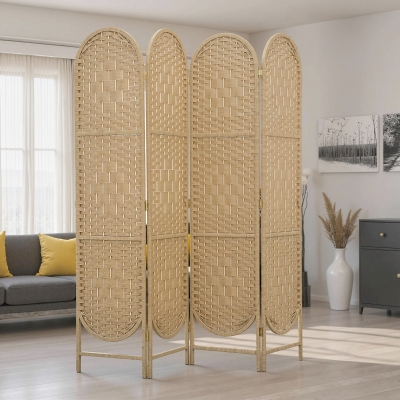 HOMCOM Bohemian Privacy Screen, Folding Room Divider with 4 Panels and Arched Top for Bedroom Living Room Office, Natural Wood
