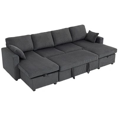 HOMCOM Convertible Sofa Bed, Corduroy U-Shaped Sleeper Sofa Couch with Storage Chaise, Pillows, Spring, Futon Couch, Grey