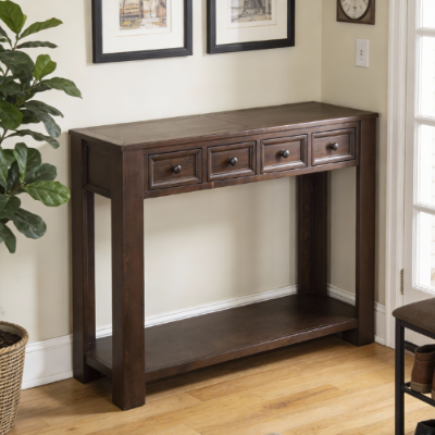 Rustic Chic Console Table with 4 Storage Drawers, Bottom Shelf, Solid Wood Frame, All Tools Included, 63" L x 14" W x 30" H, Dark Brown