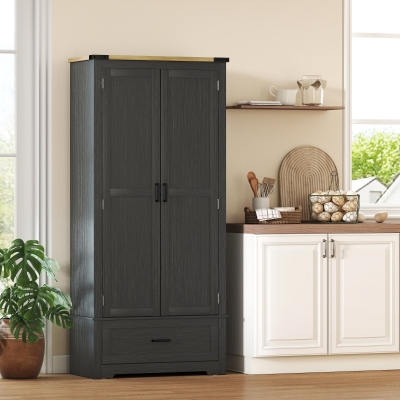 HOMCOM 69" Tall Farmhouse Kitchen Pantry Cabinet with 2 Doors, Drawer and Adjustable Shelves, Black and Brown