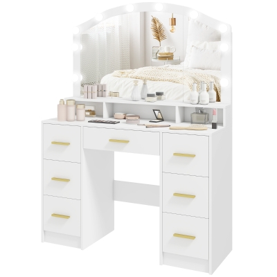 HOMCOM Makeup Vanity with Mirror and 10 LED Lights, 3 Colour Adjustable, Dressing Table with 7 Drawers, 3 Compartments, White