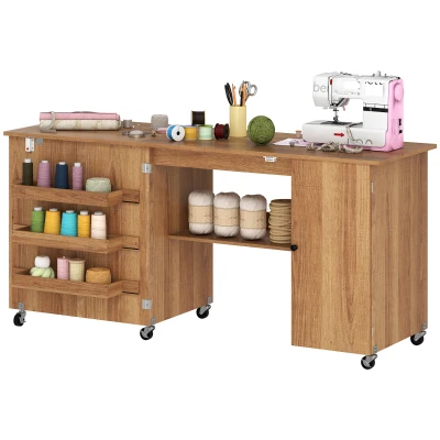 HOMCOM Sewing Machine Table with Drop Leaf, Folding Craft Table with 2 Doors and Adjustable Shelf for Small Spaces, Brown