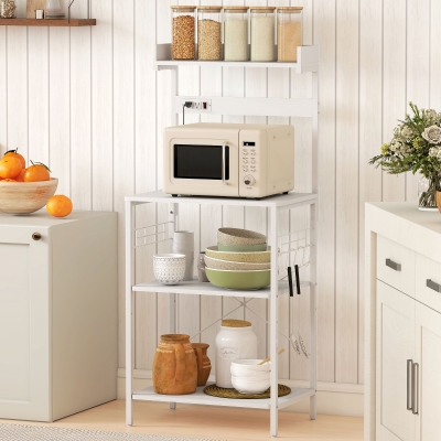 HOMCOM Kitchen Baker's Rack with Power Outlet, Coffee Bar Station with Adjustable Shelves and Hooks, Distressed White