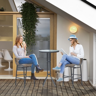 Outsunny 3pcs Patio Bar Set, Outdoor Bistro Set with 2 Bar Stools and 1 Tempered Glass Bar Table, Dining Chat Set, Tan