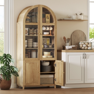 HOMCOM Arched Kitchen Pantry Cabinet, 71" Tall Farmhouse Kitchen Storage Cabinet with Adjustable Shelves, Acrylic Doors, Oak