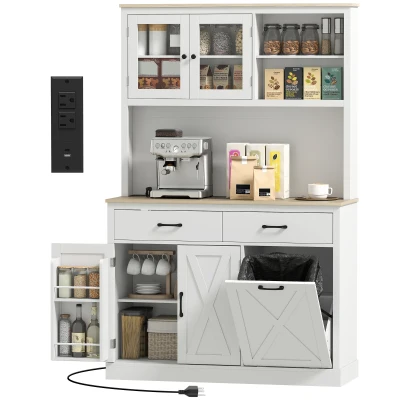HOMCOM 69" Pantry Cabinet with Charging Station, Kitchen Storage Cabinet with Microwave Stand, Tilt-Out Trash Can, White