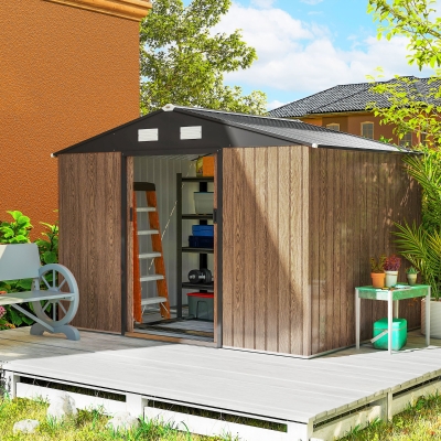 Outsunny 9.1'x6.4'x6.3' Garden Storage Shed, Outdoor Storage Tool House with Vents, Foundation and Lockable Double Doors, Teak