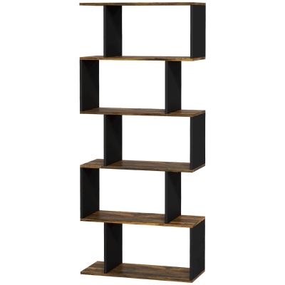 HOMCOM 5-Tier Bookshelf, Geometric S Shaped Bookcase, Tall Narrow Display Shelf for for Living Room, Study Room, Rustic Brown