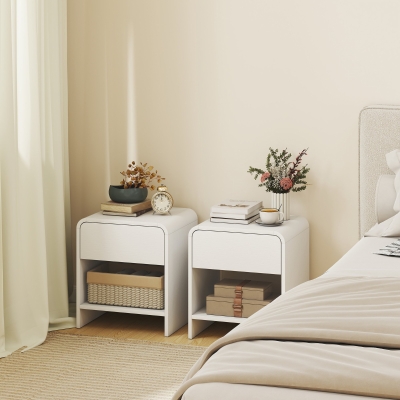 HOMCOM Nightstand Set of 2, Modern Bedside Table with Rounded Corners, Nightstand with Drawer and Open Shelf, Distressed White