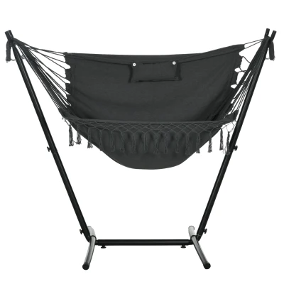 Outsunny Patio Hammock Chair with Stand, Outdoor Hammock Swing Hanging Lounge Chair with Side Pocket and Headrest, Dark Grey