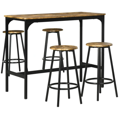 HOMCOM 5-Piece Bar Table Set for 4, Industrial Counter Height Bar Table and Chairs for Kitchen, Dining Room, Rustic Brown