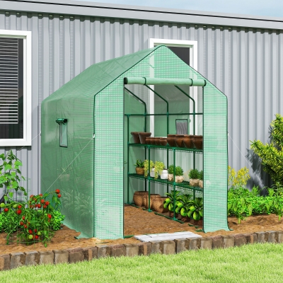 Outsunny Walk-in Greenhouse with 3 Tier, Garden Plant Growhouse with Roll-up Door and Mesh Windows, 140 x 213 x 190 cm, Green