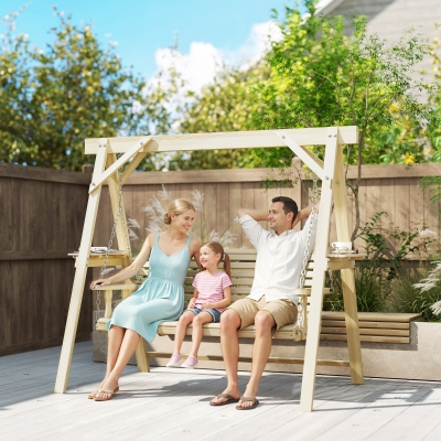 Outsunny 3 Seat Wooden Porch Swing with Stand, Patio Swing with Side Tables, for Garden, Poolside, Backyard, Natural Wood